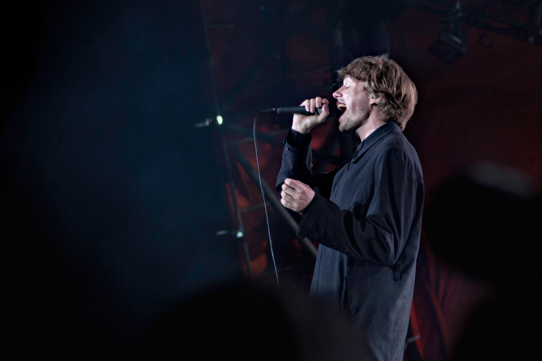 Jonas Bjerre of Mew performing at Orange stage, Roskilde Festival 2012