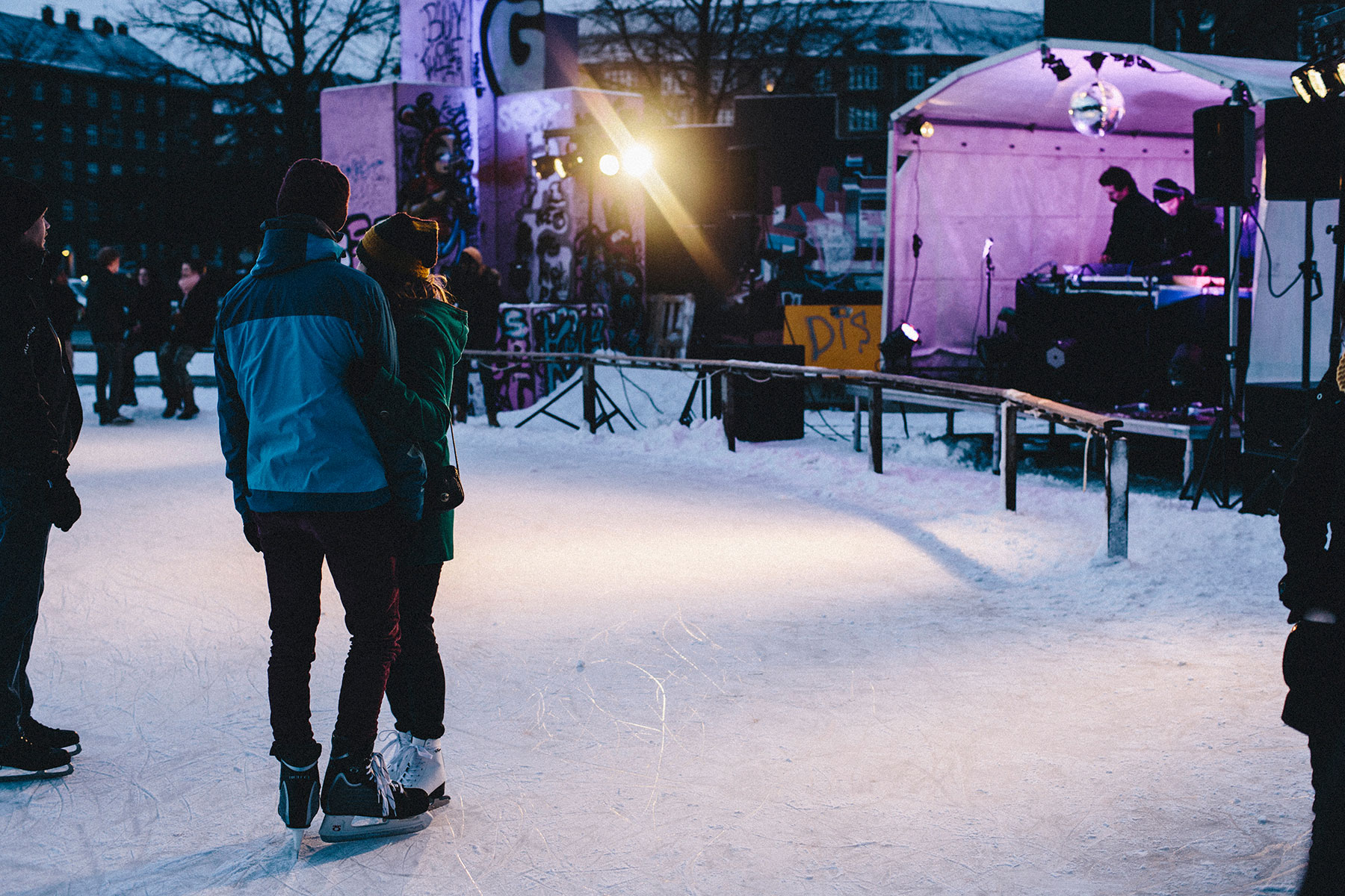 Picture from FROST festival 2013. Pictures from Who Made Who's liveshow dj-set with instruments playing at Toftegårds plads skøjtebane (ice skatting course)